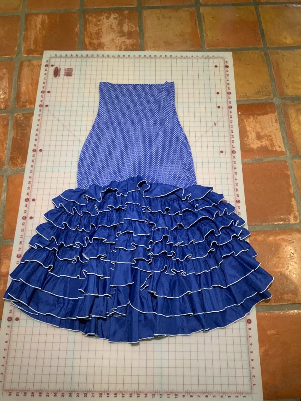 Vintage Royal Blue Ruffle Flamenco Convertible Skirt Strapless Midi Dress